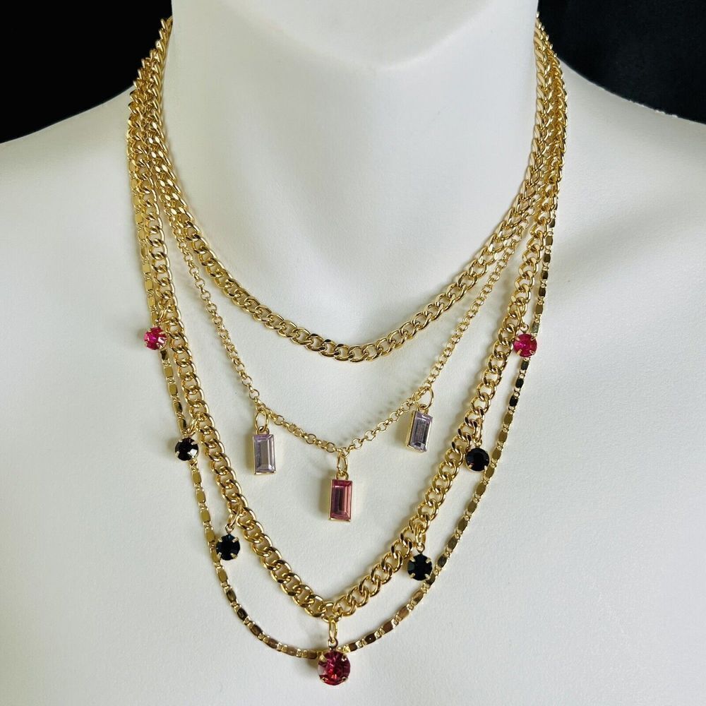 Multi Strand Layered Chains Crystal Gold Necklace Green Pink Purple Red 1365